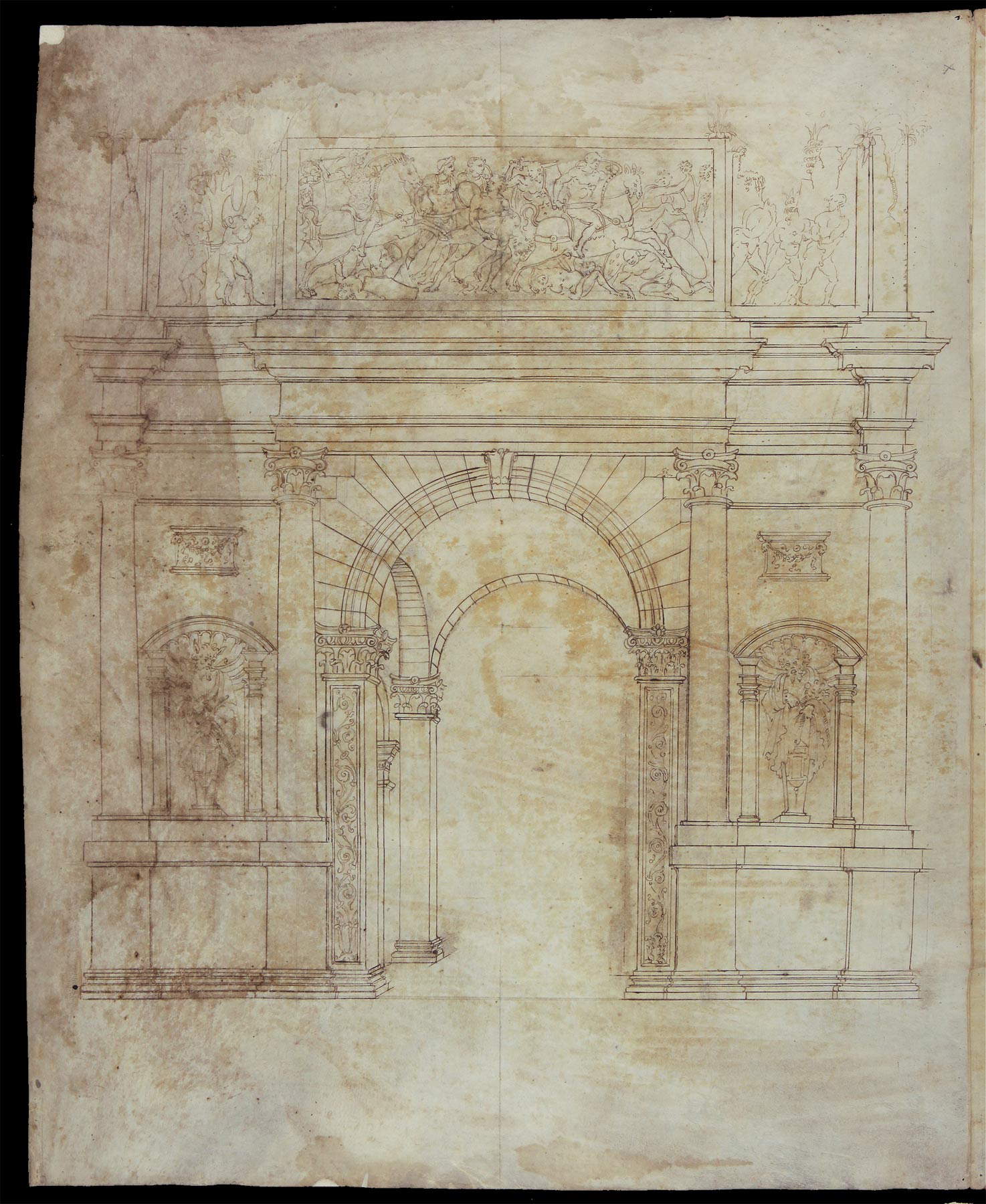 Cerchia dei Sangallo, Arc honorifique quadripartite, élévation, invention (fin de la deuxième - début de la troisième décennie du XVIe siècle ; pointe de métal, règle, compas, plume et encre, 487 x 398 mm ; Florence, Biblioteca Nazionale Centrale, Gino Capponi 386, bif. II, f. 3v)