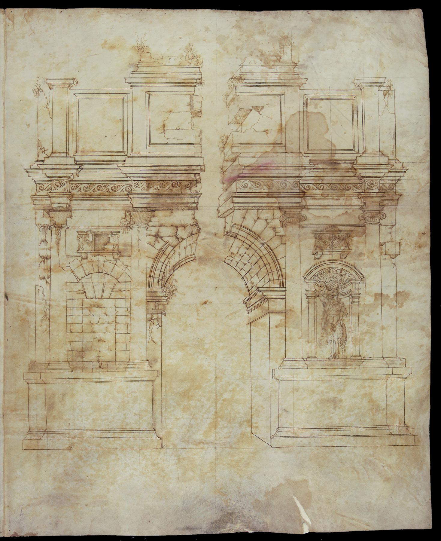 Cerchia dei Sangallo, Arc de triomphe en ruines, élévation, invention (fin de la deuxième - début de la troisième décennie du XVIe siècle ; pointe de métal, règle, compas, plume et encre, 487 x 398 mm ; Florence, Biblioteca Nazionale Centrale, Gino Capponi 386, bif. II, f. 4r)