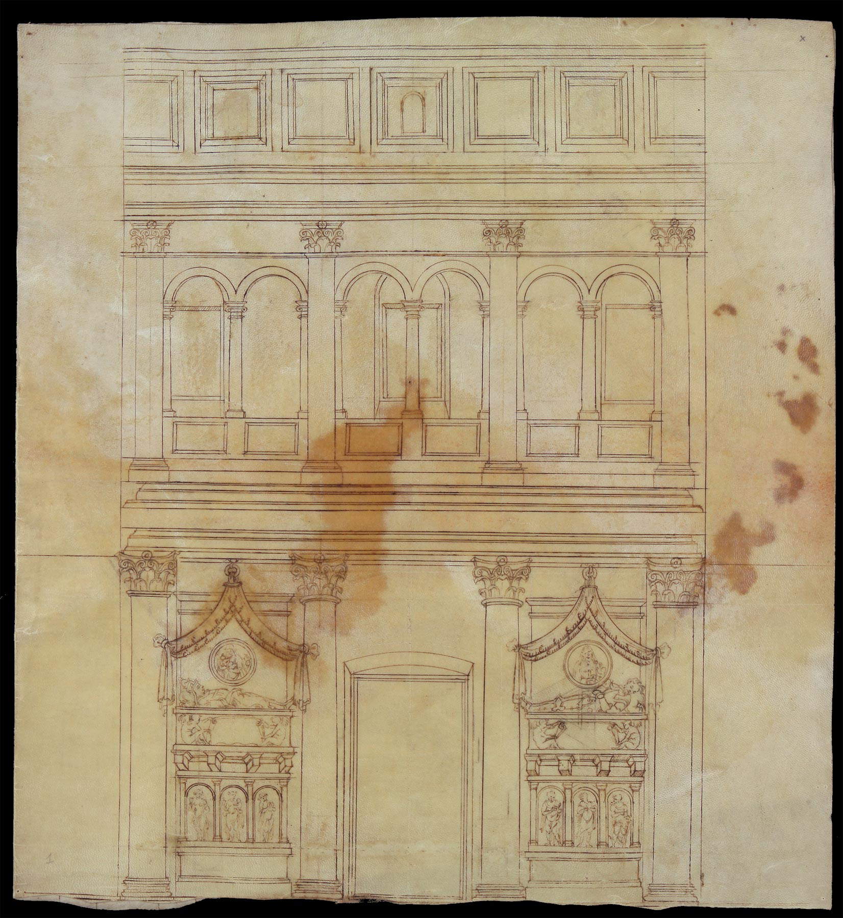 Cerchia dei Sangallo, Battistero di San Giovanni, élévation d'un mur, reconstruction (fin de la deuxième - début de la troisième décennie du XVIe siècle ; pointe de métal, règle, compas, plume et encre, 430 x 398 mm ; Florence, Biblioteca Nazionale Centrale, Gino Capponi 386, bif. I, f. 1r)