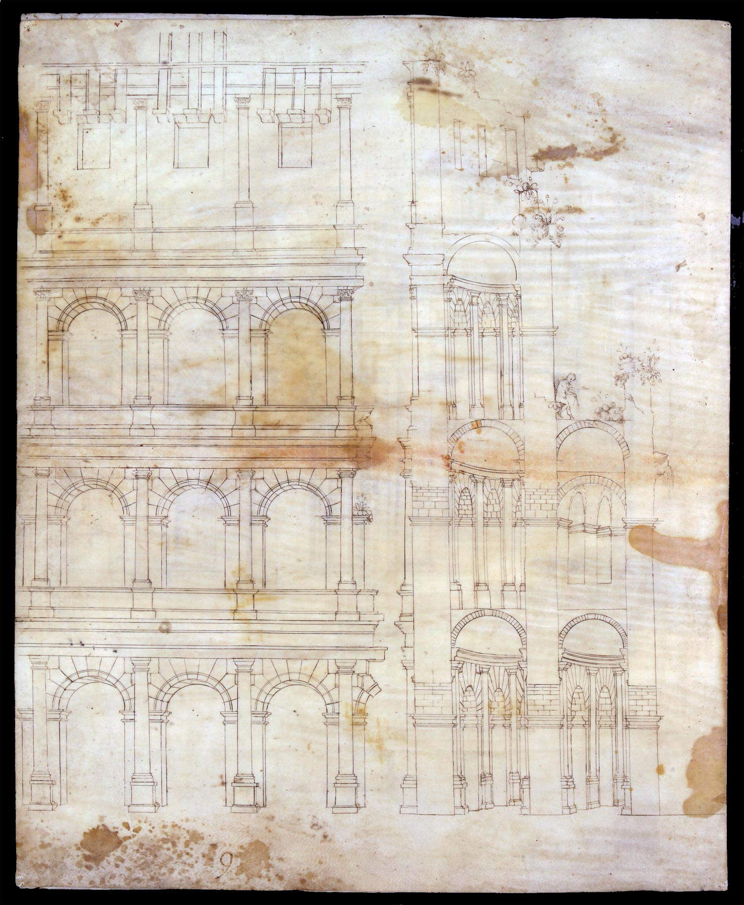 Cerchia dei Sangallo, Rome, Colisée, élévation et coupe (fin de la deuxième - début de la troisième décennie du XVIe siècle ; pointe de métal, règle, compas, plume et encre, 488 x 384 mm ; Florence, Biblioteca Nazionale Centrale, Gino Capponi 386, bif. VI, f. 12v)