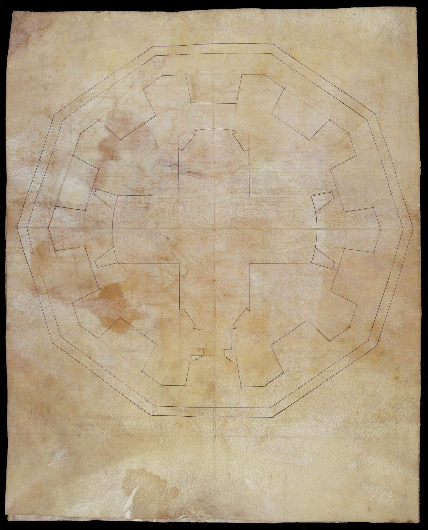 Cerchia dei Sangallo, Mausolée de Théodoric (fin de la deuxième - début de la troisième décennie du XVIe siècle ; pointe de métal, règle, compas, plume et encre, 487 x 398 mm ; Florence, Biblioteca Nazionale Centrale, Gino Capponi 386, bif. II, f. 4v)