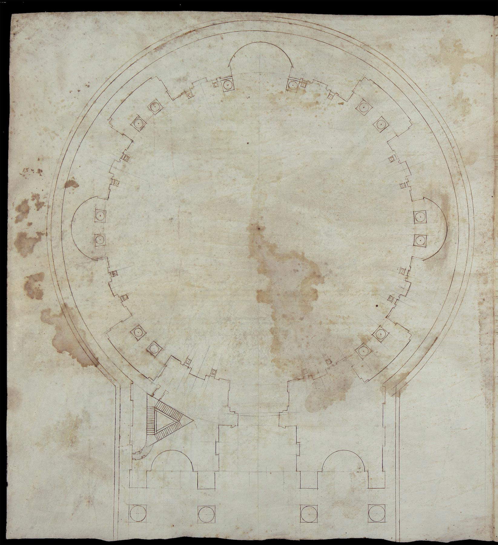 Cerchia dei Sangallo, Rome, Panthéon, plan (fin de la deuxième - début de la troisième décennie du XVIe siècle ; pointe en métal, règle, plume et compas à l'encre, 425 x 398 mm ; Florence, Biblioteca Nazionale Centrale, Gino Capponi 386, bif. I, f. 1v)