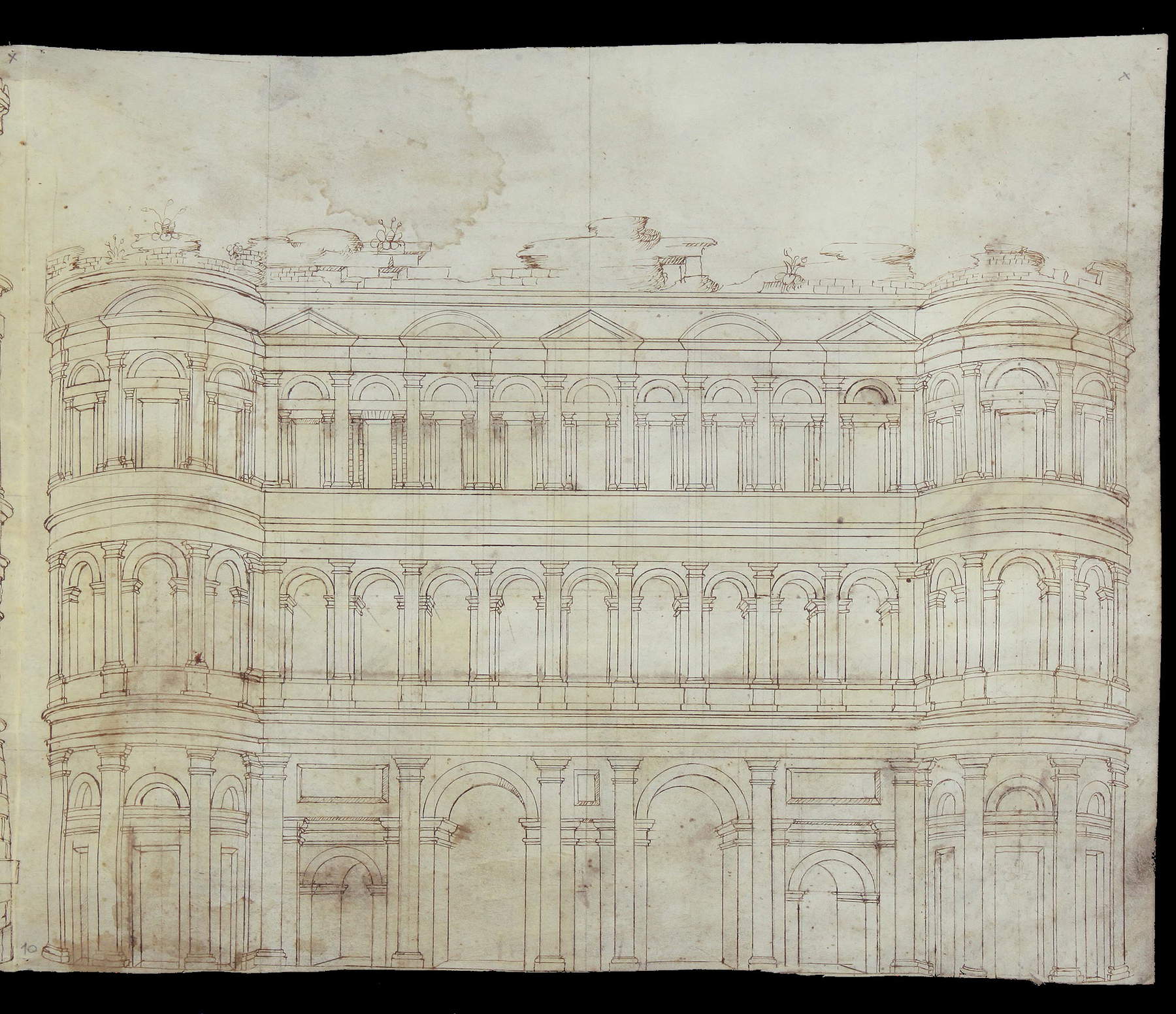Cerchia dei Sangallo, Turin, Porta Palatina, élévation, reconstruction (fin de la deuxième - début de la troisième décennie du XVIe siècle ; pointe de métal, règle, compas, plume et encre, 311 x 383 mm ; Florence, Biblioteca Nazionale Centrale, Gino Capponi 386, bif. V, f. 10r)