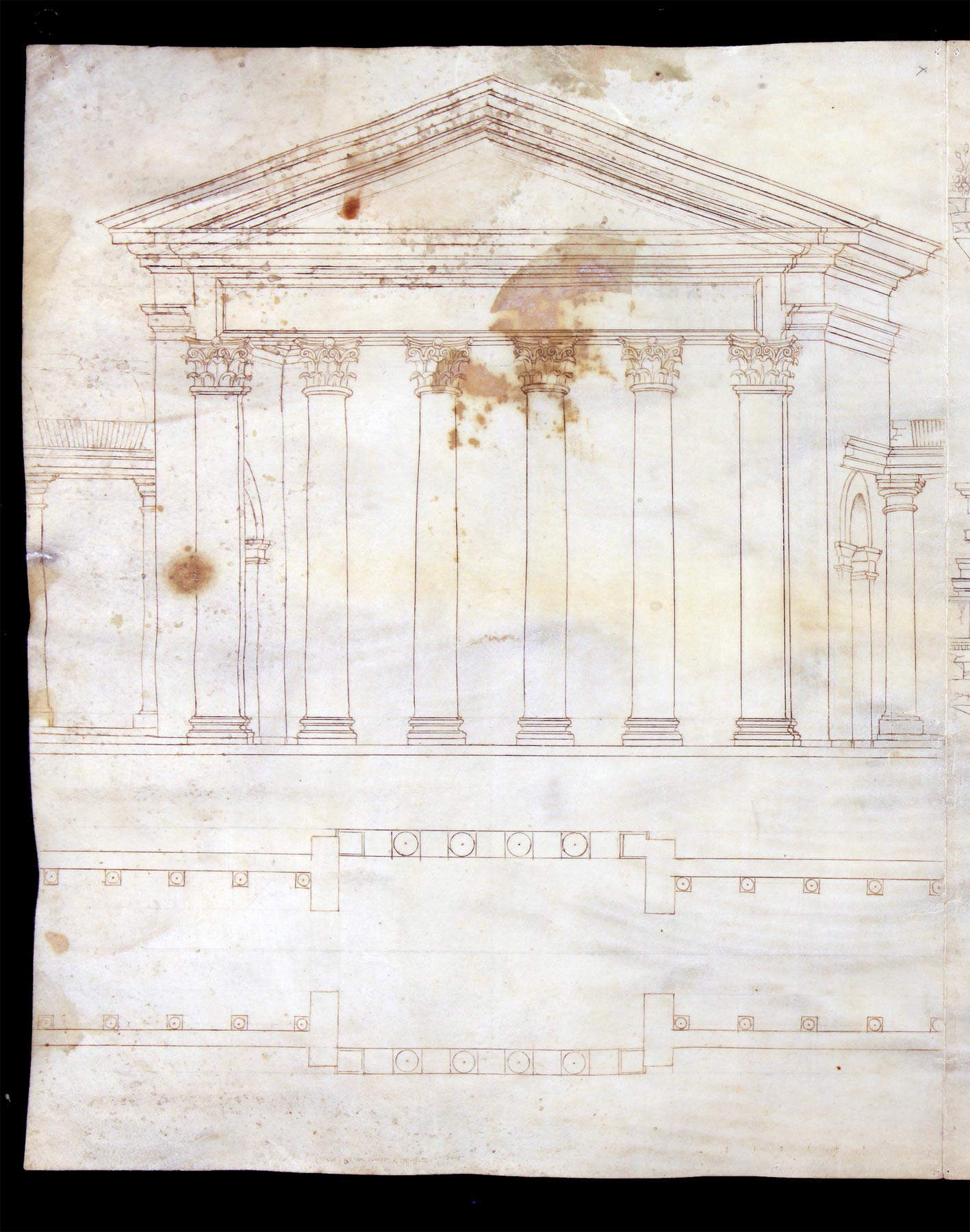 Cerchia dei Sangallo, Rome, Portico di Ottavia, plan et élévation, reconstruction (fin de la deuxième - début de la troisième décennie du XVIe siècle ; pointe de métal, règle, compas, plume et encre, 490 x 382 mm ; Florence, Biblioteca Nazionale Centrale, Gino Capponi 386, bif. IV, f. 8v)