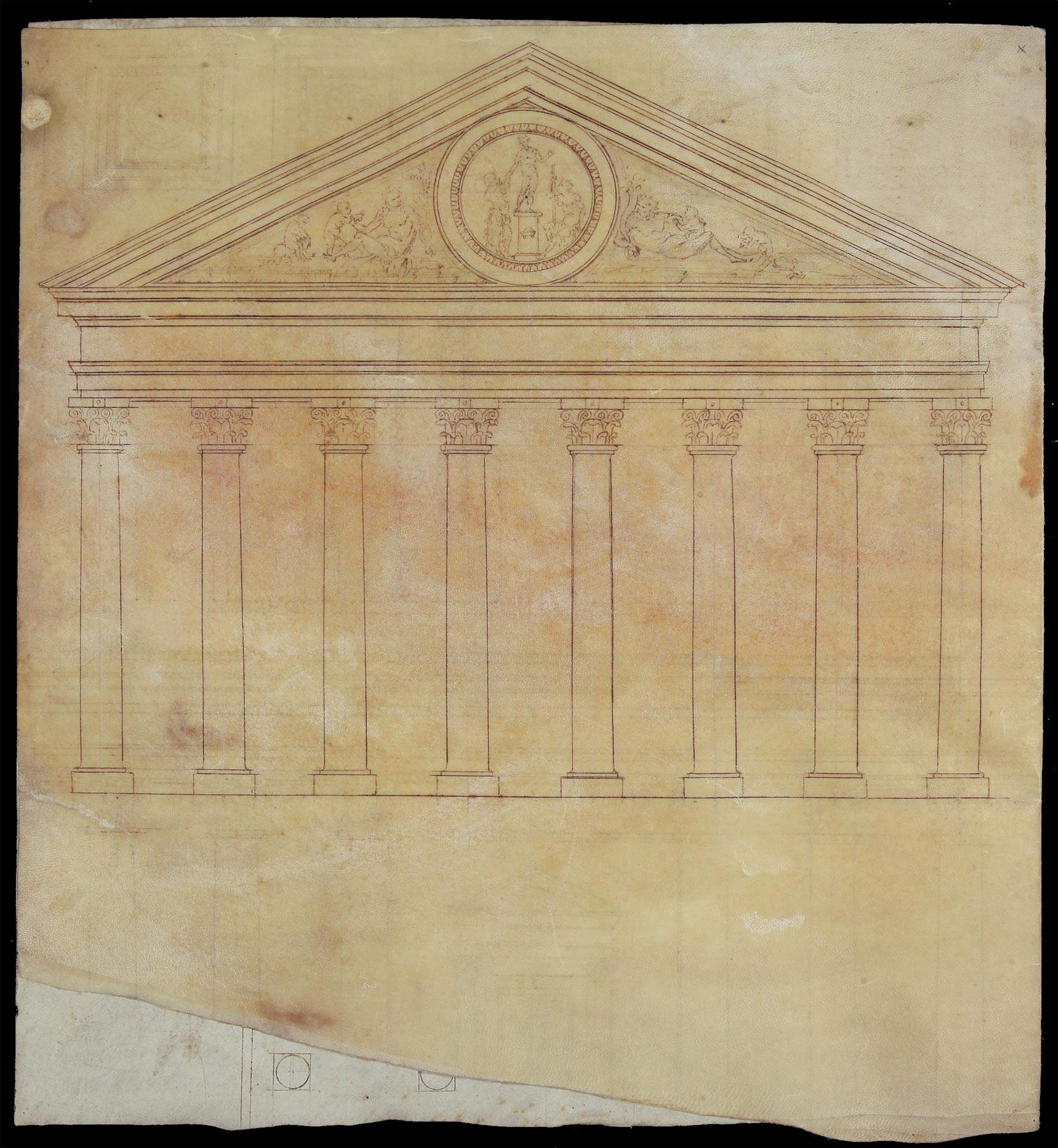 Cerchia dei Sangallo, Pronao di un tempio octastilo, invention (fin de la deuxième - début de la troisième décennie du XVIe siècle ; pointe en métal, règle, plume et compas à l'encre, 427 x 397 mm ; Florence, Biblioteca Nazionale Centrale, Gino Capponi 386, bif. I, f. 2v)