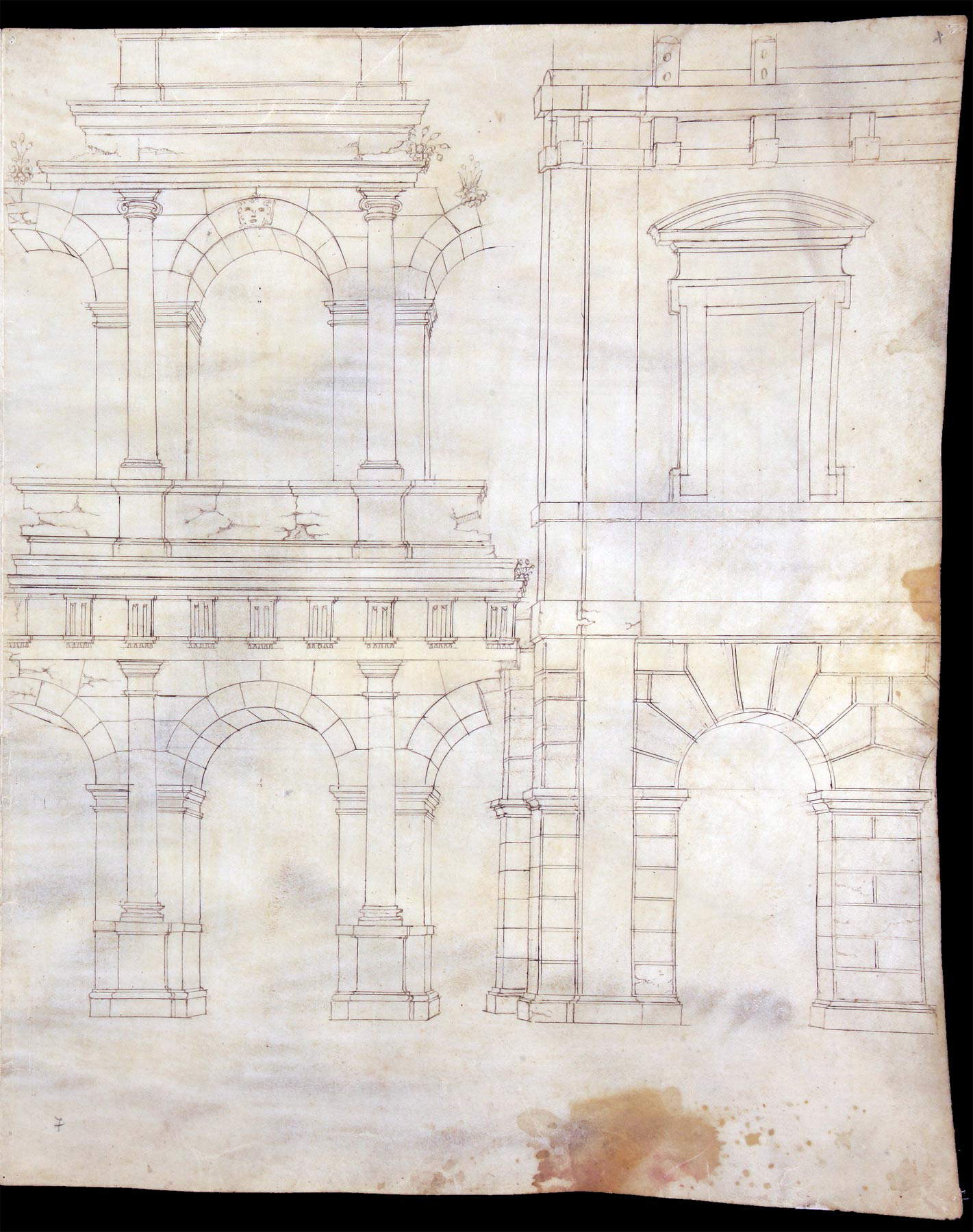 Cerchia dei Sangallo, Rome, Teatro di Marcello, élévation (fin de la deuxième - début de la troisième décennie du XVIe siècle ; pointe de métal, règle, compas, plume et encre, 490 x 382 mm ; Florence, Biblioteca Nazionale Centrale, Gino Capponi 386, bif. IV, f. 7r)