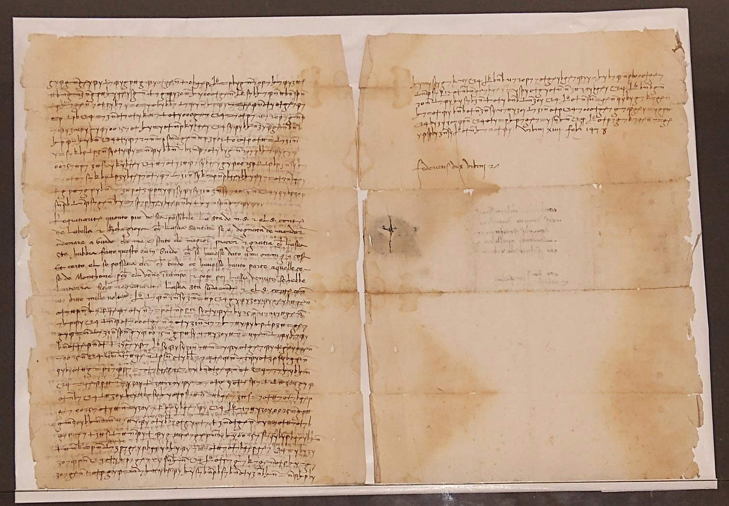 Federico da Montefeltro schreibt an Agostino Staccoli und Pietro Felici, seine Botschafter in Rom (Urbino, 14. Februar 1478; Blatt Papier, 215 x 290 mm; Urbino, Accademia Raffaello, Archivio Ubaldini, b. 78, 1, 2) Federico da Montefeltro schreibt an Agostino Staccoli und Pietro Felici, seine Botschafter in Rom (Urbino, 14. Februar 1478; Blatt Papier, 215 x 290 mm; Urbino, Accademia Raffaello, Archivio Ubaldini, b. 78, 1, 2)