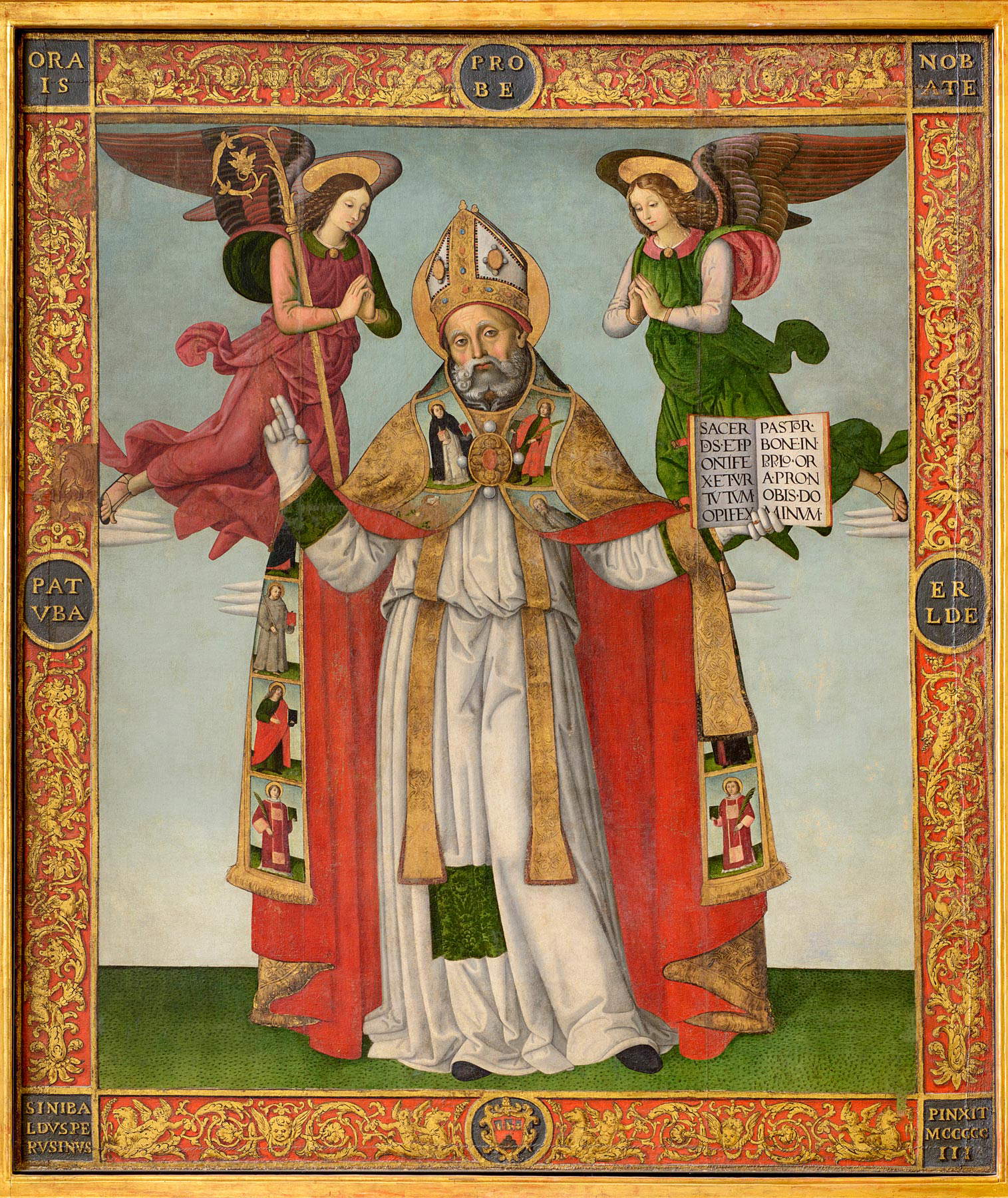 Sinibaldo Ibi, Gonfalone con sant'Ubaldo benedicente e Madonna della Misericordia, recto (1503; Tempera auf Leinwand, 198 x 169 cm; Gubbio, Museo Civico di Palazzo dei Consoli) Sinibaldo Ibi, Gonfalone con sant'Ubaldo benedicente e Madonna della Misericordia, recto (1503; Tempera auf Leinwand, 198 x 169 cm; Gubbio, Museo Civico di Palazzo dei Consoli)