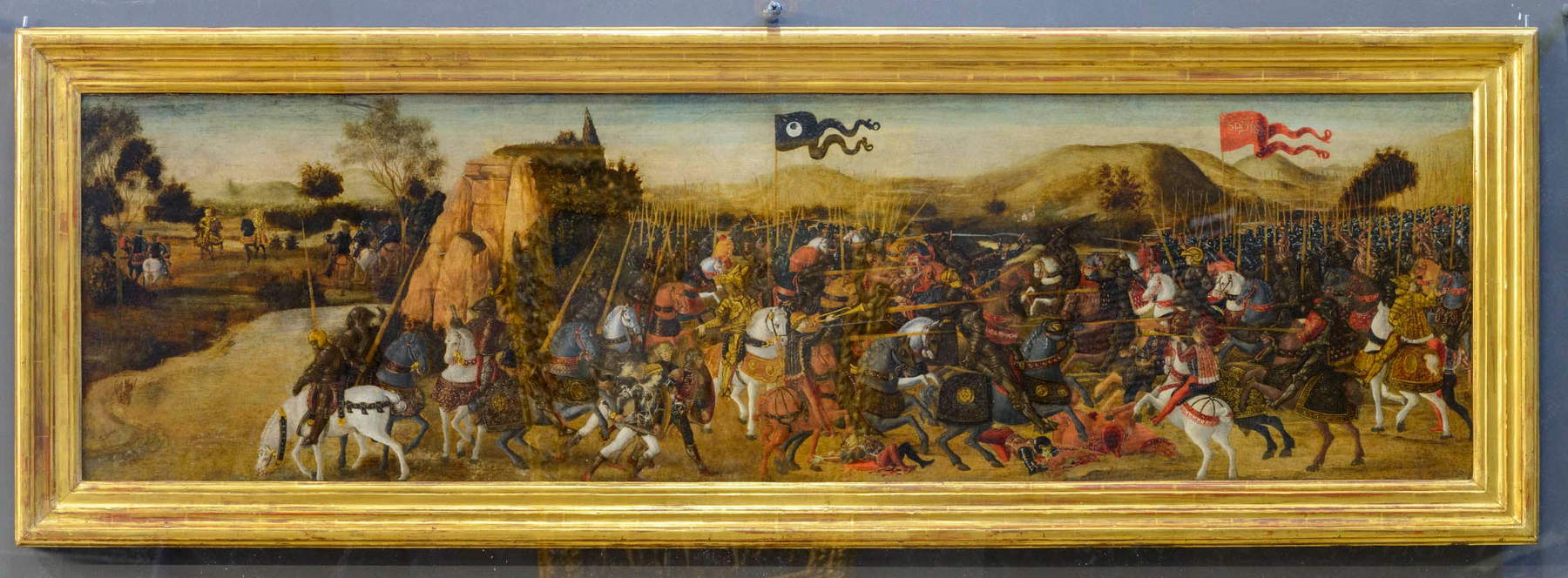 Andrea del Verrocchio und Werkstatt, Schlacht von Pidna (um 1475; Vorderseite, Tempera auf Tafel mit Vergoldung und Versilberung, 51 x 159 cm; Paris, Musée Jacquemart-André, Inv. MJAP-P 1822.1) Andrea del Verrocchio und Werkstatt, Schlacht von Pidna (um 1475; Vorderseite, Tempera auf Tafel mit Vergoldung und Versilberung, 51 x 159 cm; Paris, Musée Jacquemart-André, Inv. MJAP-P 1822.1)