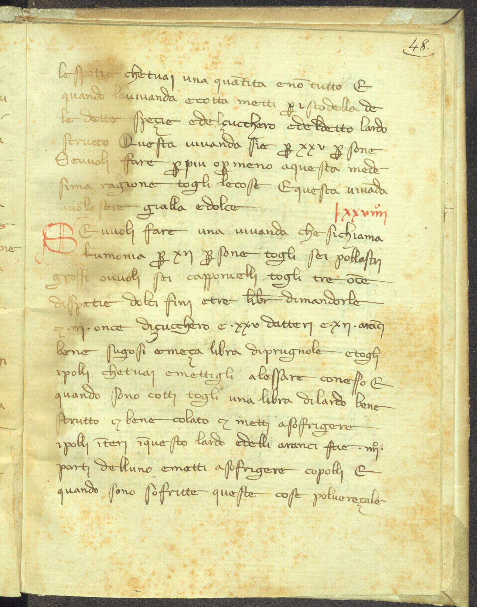 Anonimo, Ricetta della lumonia (anni Venti del XIV secolo; carta, 280 x 215 mm; Firenze, Biblioteca Riccardiana, ms. 1071, c. 48r) Anonimo, Ricetta della lumonia (anni Venti del XIV secolo; carta, 280 x 215 mm; Firenze, Biblioteca Riccardiana, ms. 1071, c. 48r)