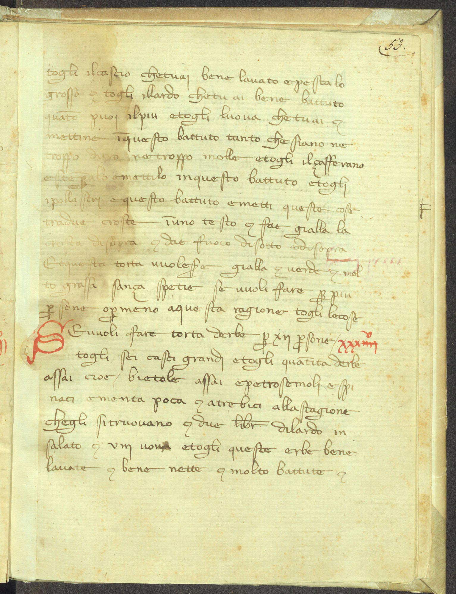 Anonimo, Ricetta della torta d'erbe (anni Venti del XIV secolo; carta, 280 x 215 mm; Firenze, Biblioteca Riccardiana, ms. 1071, c. 53r) Anonimo, Ricetta della torta d'erbe (anni Venti del XIV secolo; carta, 280 x 215 mm; Firenze, Biblioteca Riccardiana, ms. 1071, c. 53r)