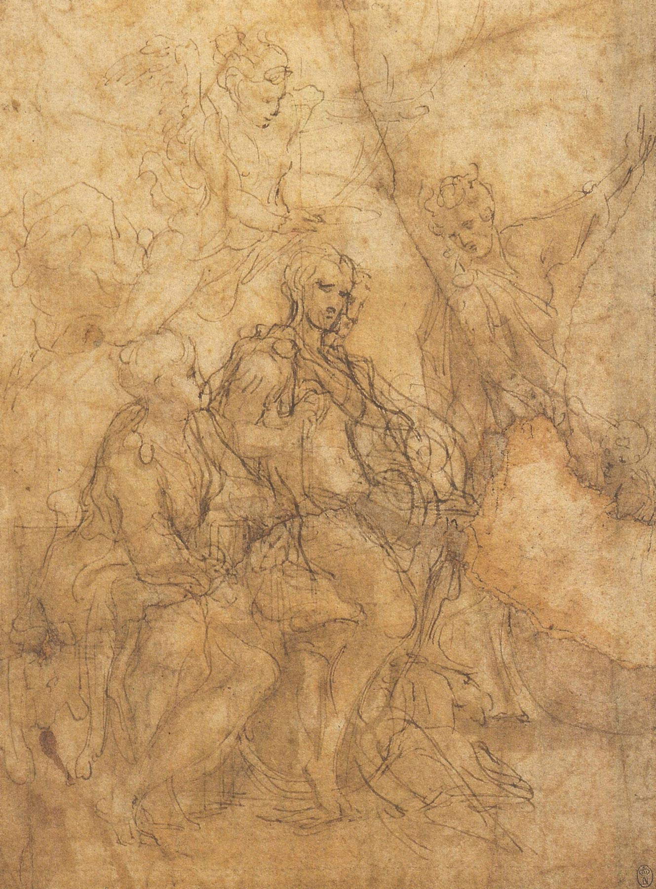 Antonio Allegri dit Le Corrège, Deux études pour l'allégorie de la vertu, recto (plume et aquarelle brune, 211 x 159 mm ; Paris, Louvre) Antonio Allegri dit Le Corrège, Deux études pour l'allégorie de la vertu, recto (plume et aquarelle brune, 211 x 159 mm ; Paris, Louvre)