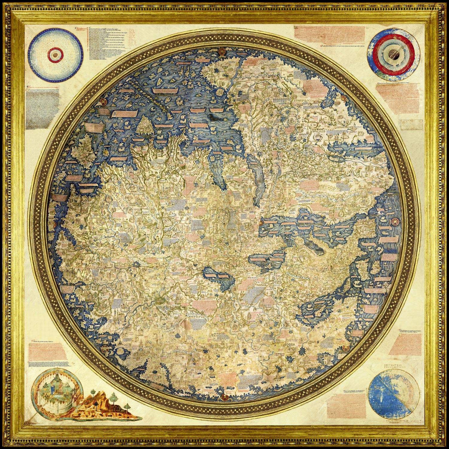 Fra Mauro, Mappamondo (1450-1460 circa; colori e oro su pergamena incollata su legno, 230 x 230 cm; Venezia, Biblioteca Nazionale Marciana)