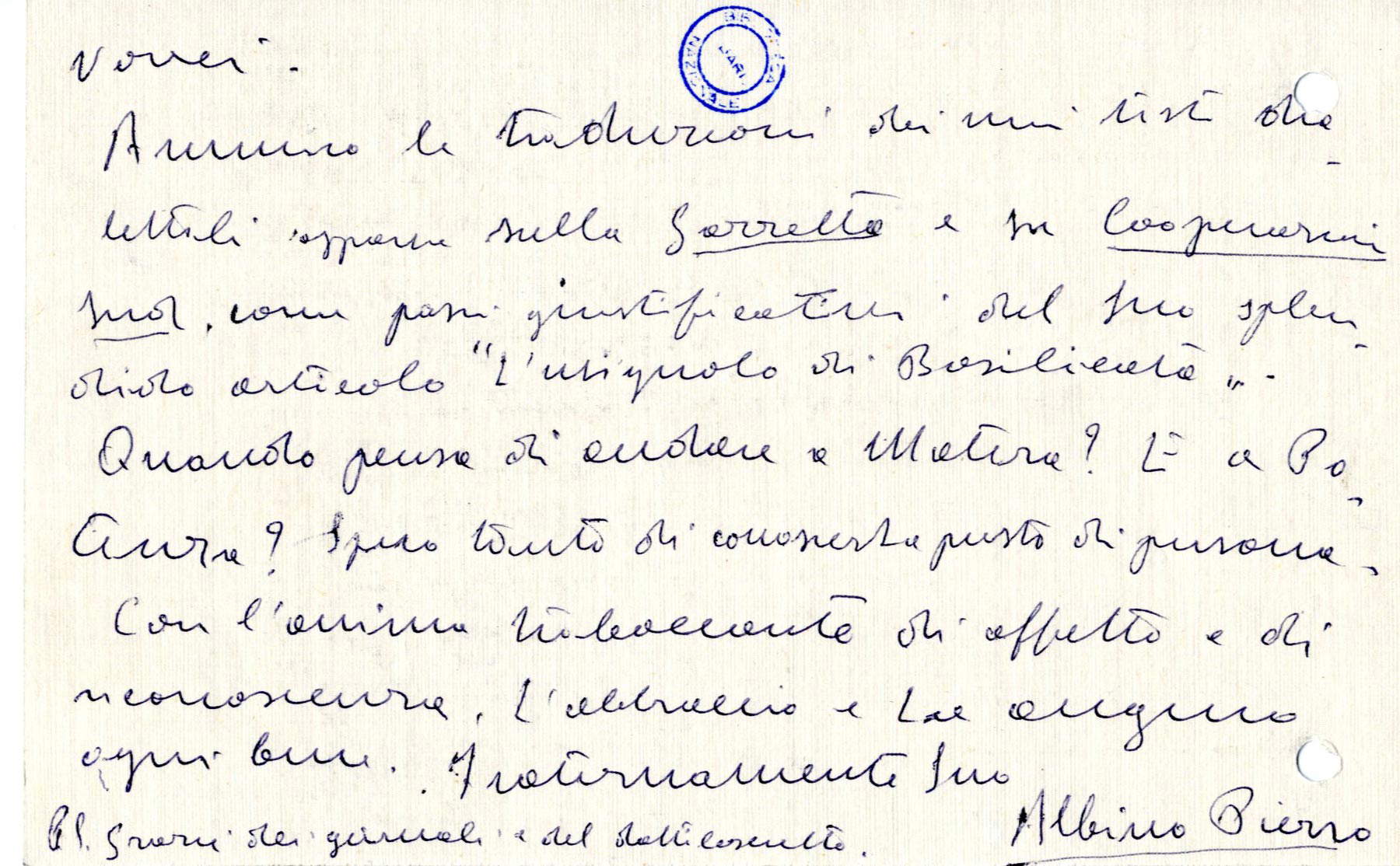Cartolina di Albino Pierro a Tommaso Fiore, Roma 28 maggio 1965 Cartolina di Albino Pierro a Tommaso Fiore, Roma 28 maggio 1965