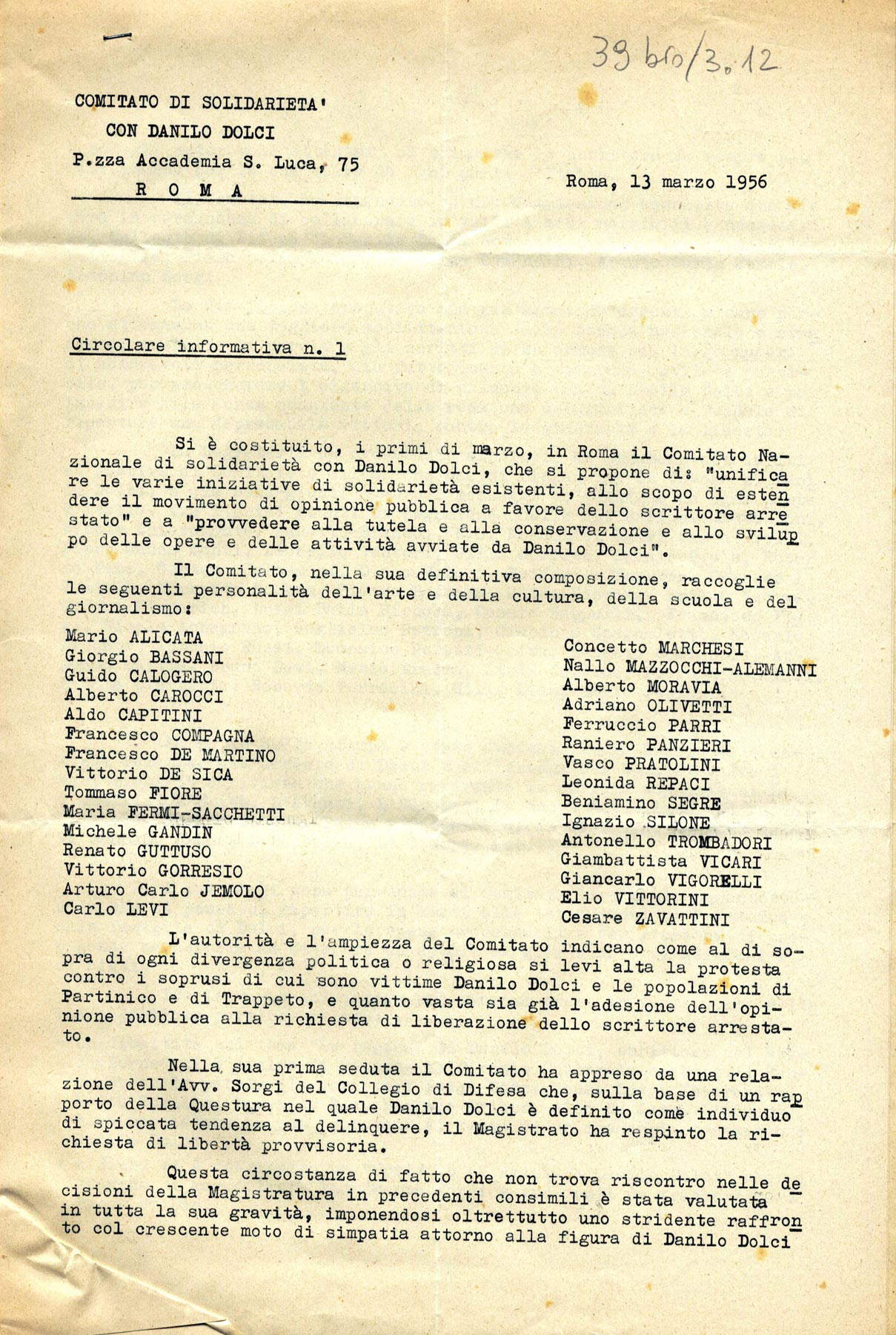 Circ. informativa n. 1 del Comitato di solidarietà con Danilo Dolci, Roma 13 marzo 1956 Circ. informativa n. 1 del Comitato di solidarietà con Danilo Dolci, Roma 13 marzo 1956