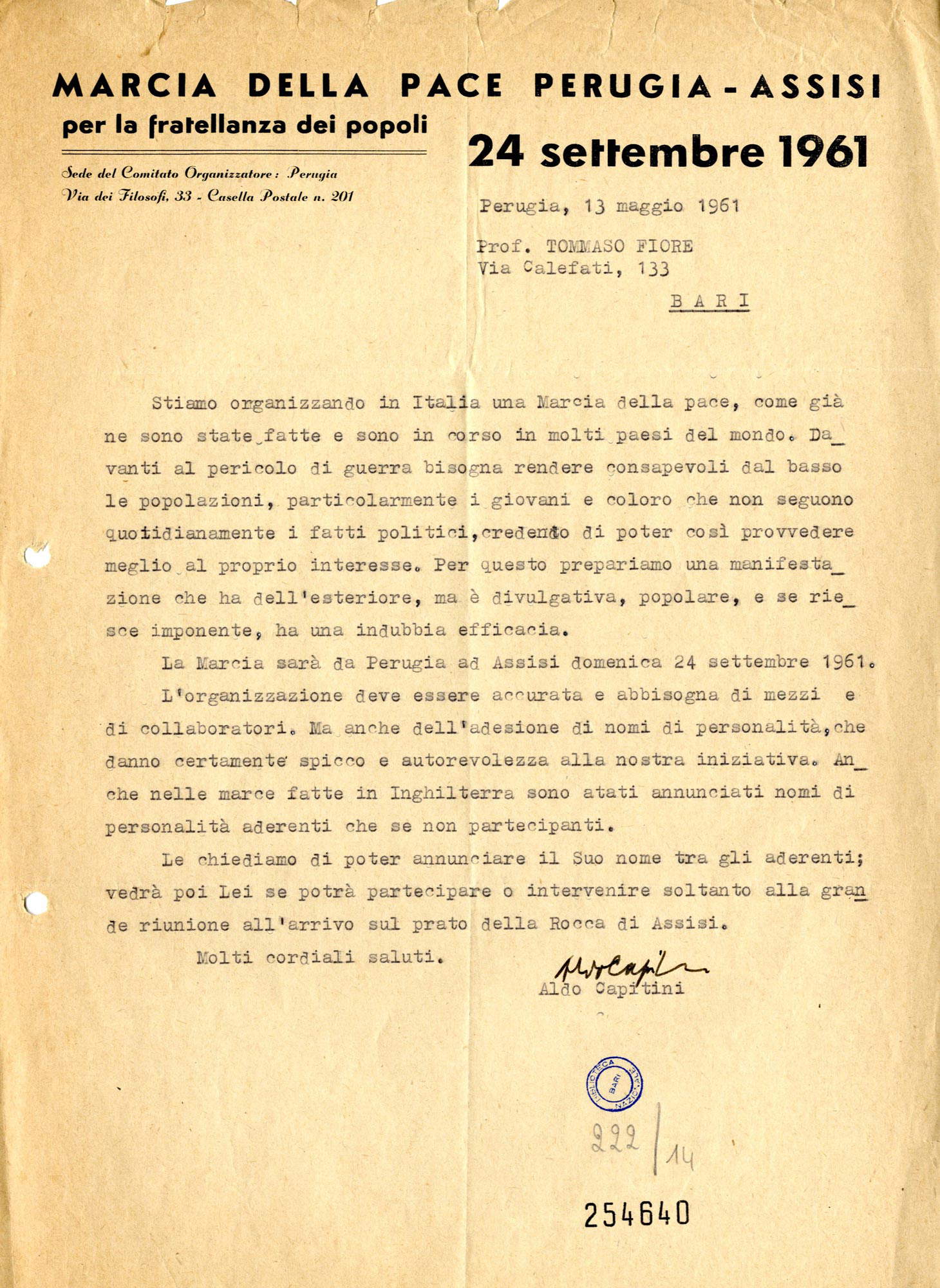 Lettera di Aldo Capitini a Tommaso Fiore, Perugia, 13 maggio 1961 Lettera di Aldo Capitini a Tommaso Fiore, Perugia, 13 maggio 1961