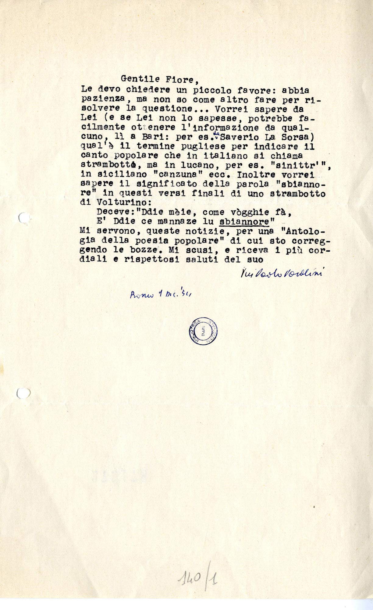 Lettera di Pier Paolo Pasolini a Tommaso Fiore Lettera di Pier Paolo Pasolini a Tommaso Fiore