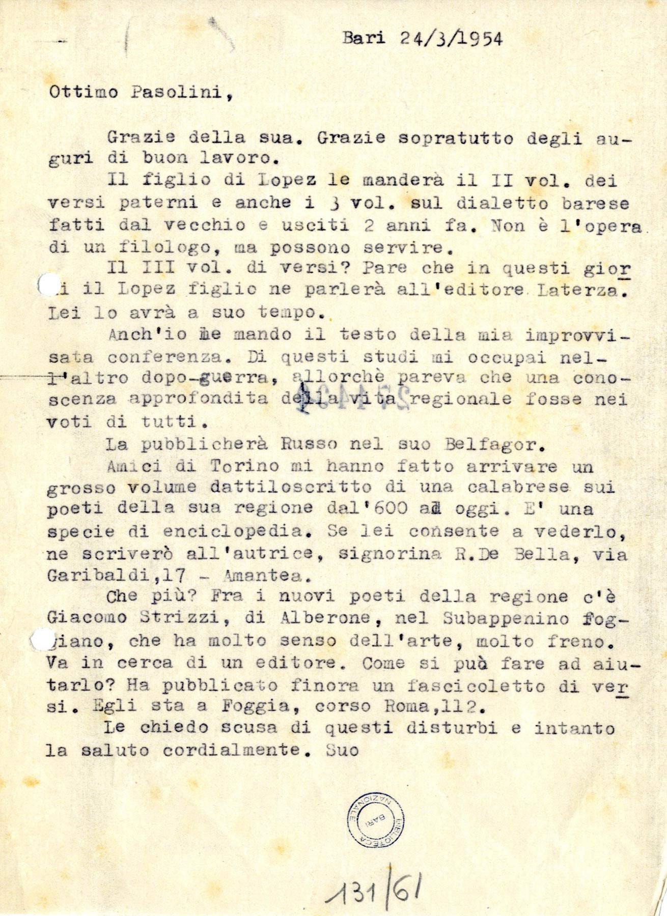 Lettera di Tommaso Fiore a Pier Paolo Pasolini, Bari 24 marzo 1954 Lettera di Tommaso Fiore a Pier Paolo Pasolini, Bari 24 marzo 1954