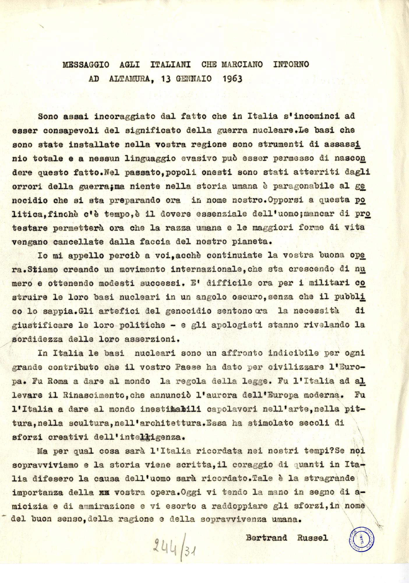 Bertrand Russell, Messaggio agli italiani che marciano intorno ad Altamura, 13 gennaio 1963 Bertrand Russell, Messaggio agli italiani che marciano intorno ad Altamura, 13 gennaio 1963