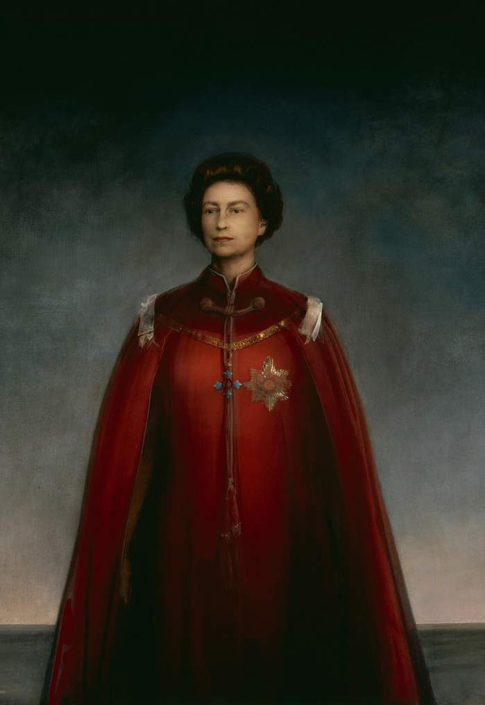 Pietro Annigoni, Porträt von Elisabeth II. von England (1969; Tempera Grassa auf Papier, auf eine Tafel aufgetragen, 198,1 x 177,8 cm; London, National Portrait Gallery, inv. NPG 4706) Pietro Annigoni, Porträt von Elisabeth II. von England (1969; Tempera Grassa auf Papier, auf eine Tafel aufgetragen, 198,1 x 177,8 cm; London, National Portrait Gallery, inv. NPG 4706)