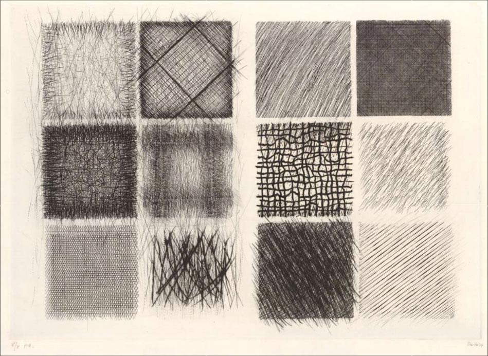 Guido Strazza, Gesto e segno (1974; acquaforte, puntasecca e bulino, 276 x 385 mm; Londra, British Museum, inv. 2011, 7008.1)