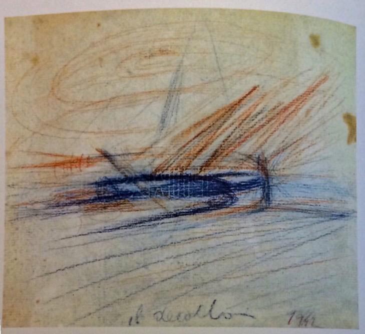 Guido Strazza, Il decollo (1942; matita colorata su carta, 18,2 x 20,4 cm)