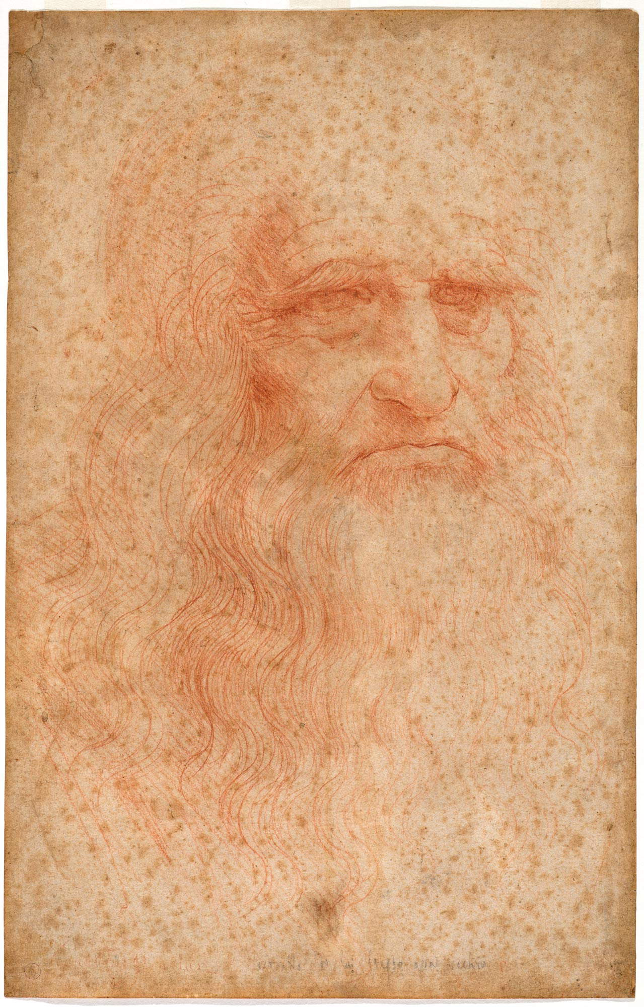 Leonardo da Vinci, Autorretrato (c. 1517-1518; piedra roja sobre papel, restos de piedra negra, 333 x 213 mm; Turín, Musei Reali-Biblioteca Reale, Dis. It. Scat. 1/30; 15571 d.C.) Leonardo da Vinci, Autorretrato (c. 1517-1518; piedra roja sobre papel, restos de piedra negra, 333 x 213 mm; Turín, Musei Reali-Biblioteca Reale, Dis. It. Scat. 1/30; 15571 d.C.)