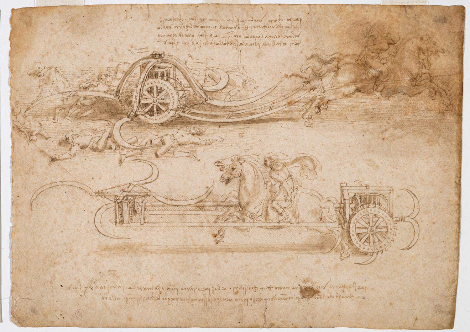 Leonardo da Vinci, Estudios de carros cetrinos (c. 1485; acuarela a pluma y tinta parda con restos de punta metálica sobre papel, 211 x 296 mm; Turín, Musei Reali-Biblioteca Reale, Dis. It. Scat. 1/18; 15583 d.C.) Leonardo da Vinci, Estudios de carros cetrinos (c. 1485; acuarela a pluma y tinta parda con restos de punta metálica sobre papel, 211 x 296 mm; Turín, Musei Reali-Biblioteca Reale, Dis. It. Scat. 1/18; 15583 d.C.)