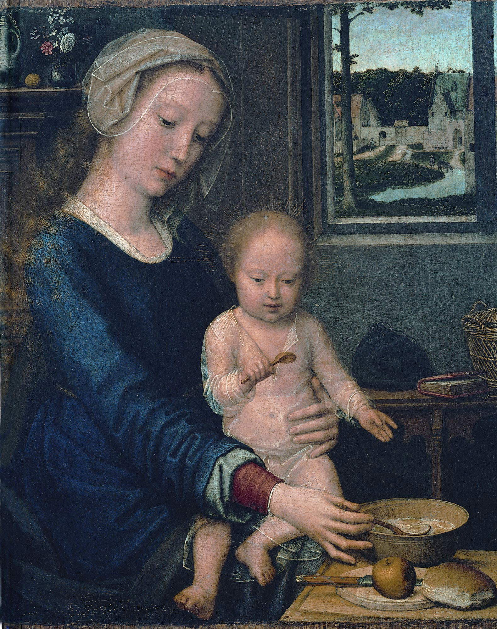 Gerard David, Madonna della pappa (vers 1515 ; huile sur panneau, 41 x 32 cm ; Gênes, musées de la Strada Nuova, Palazzo Bianco)