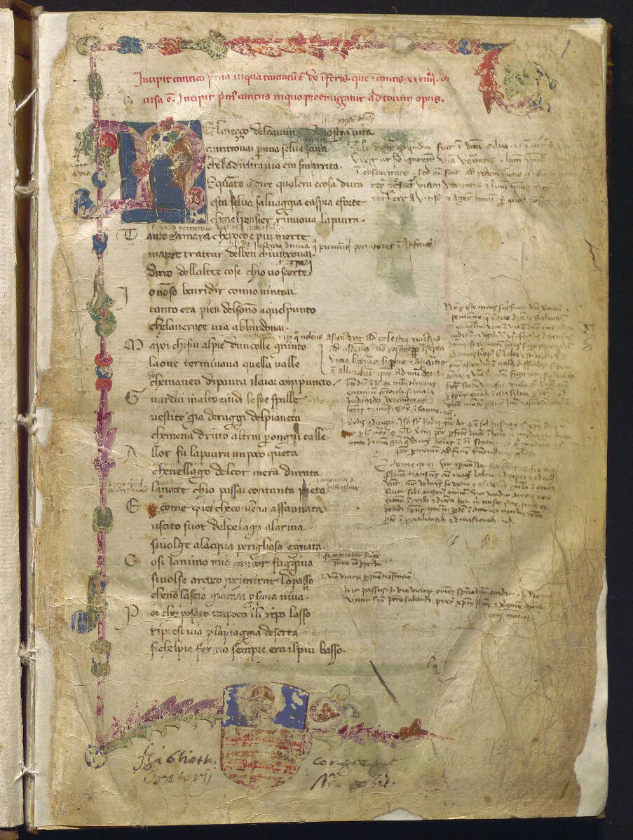 Divina Comedia conocida como Dante Filippino, Incipit (c. 1355-1360; pergamino, 276 x 191 mm; Nápoles, Biblioteca Statale Oratoriana dei Girolamini, CF 2.16, c. 1r) Divina Comedia conocida como Dante Filippino, Incipit (c. 1355-1360; pergamino, 276 x 191 mm; Nápoles, Biblioteca Statale Oratoriana dei Girolamini, CF 2.16, c. 1r)