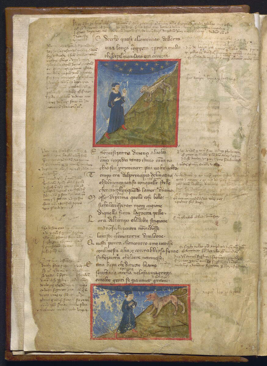 Divina Commedia conocida como Dante Filippino, La lonza (c. 1355-1360; pergamino, 276 x 191 mm; Nápoles, Biblioteca Statale Oratoriana dei Girolamini, CF 2.16, c. 1v) Divina Commedia conocida como Dante Filippino, La lonza (c. 1355-1360; pergamino, 276 x 191 mm; Nápoles, Biblioteca Statale Oratoriana dei Girolamini, CF 2.16, c. 1v)
