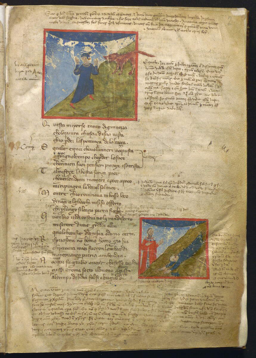 Divina Commedia conocida como Dante Filippino, Dante encuentra a Virgilio (c. 1355-1360; pergamino, 276 x 191 mm; Nápoles, Biblioteca Statale Oratoriana dei Girolamini, CF 2.16, c. 2r) Divina Commedia conocida como Dante Filippino, Dante encuentra a Virgilio (c. 1355-1360; pergamino, 276 x 191 mm; Nápoles, Biblioteca Statale Oratoriana dei Girolamini, CF 2.16, c. 2r)
