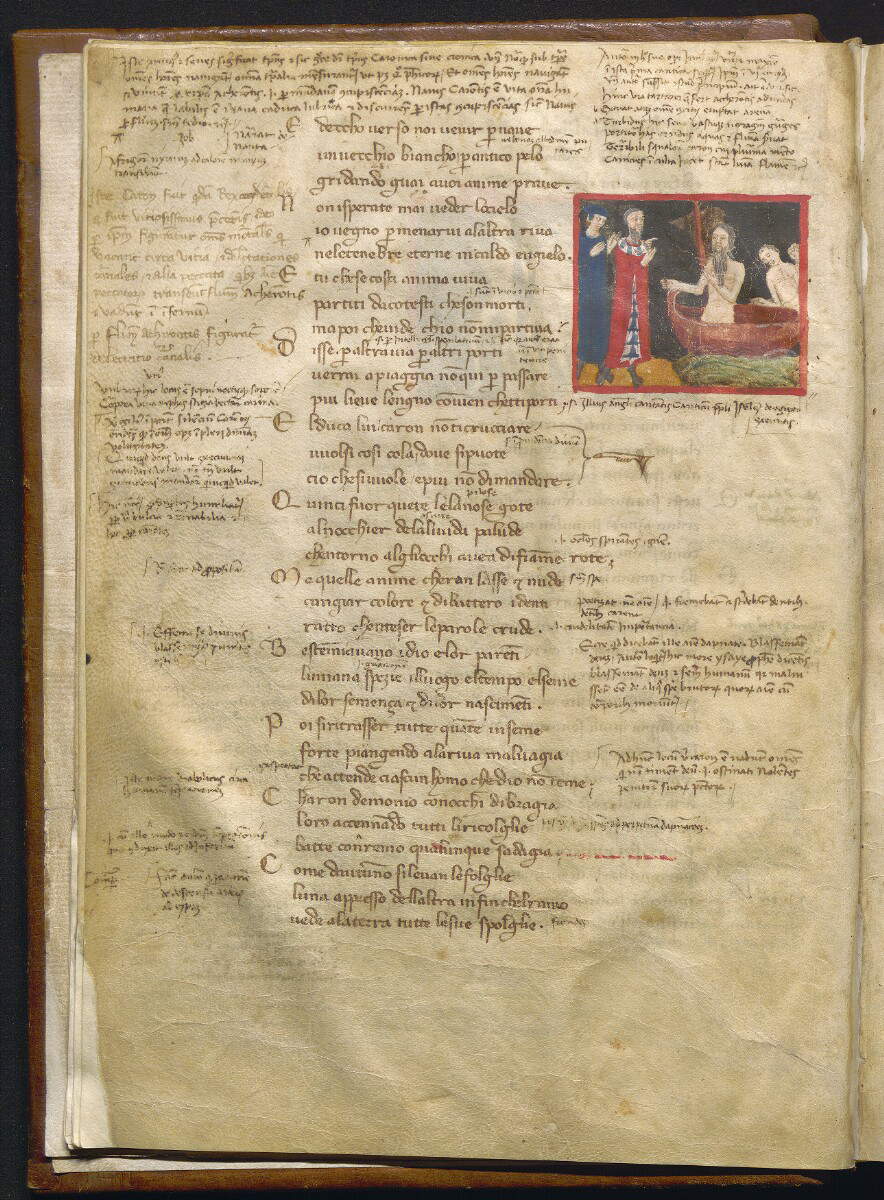 Divina Comedia conocida como Dante Filippino, Caronte (c. 1355-1360; pergamino, 276 x 191 mm; Nápoles, Biblioteca Statale Oratoriana dei Girolamini, CF 2.16, c. 7v) Divina Comedia conocida como Dante Filippino, Caronte (c. 1355-1360; pergamino, 276 x 191 mm; Nápoles, Biblioteca Statale Oratoriana dei Girolamini, CF 2.16, c. 7v)