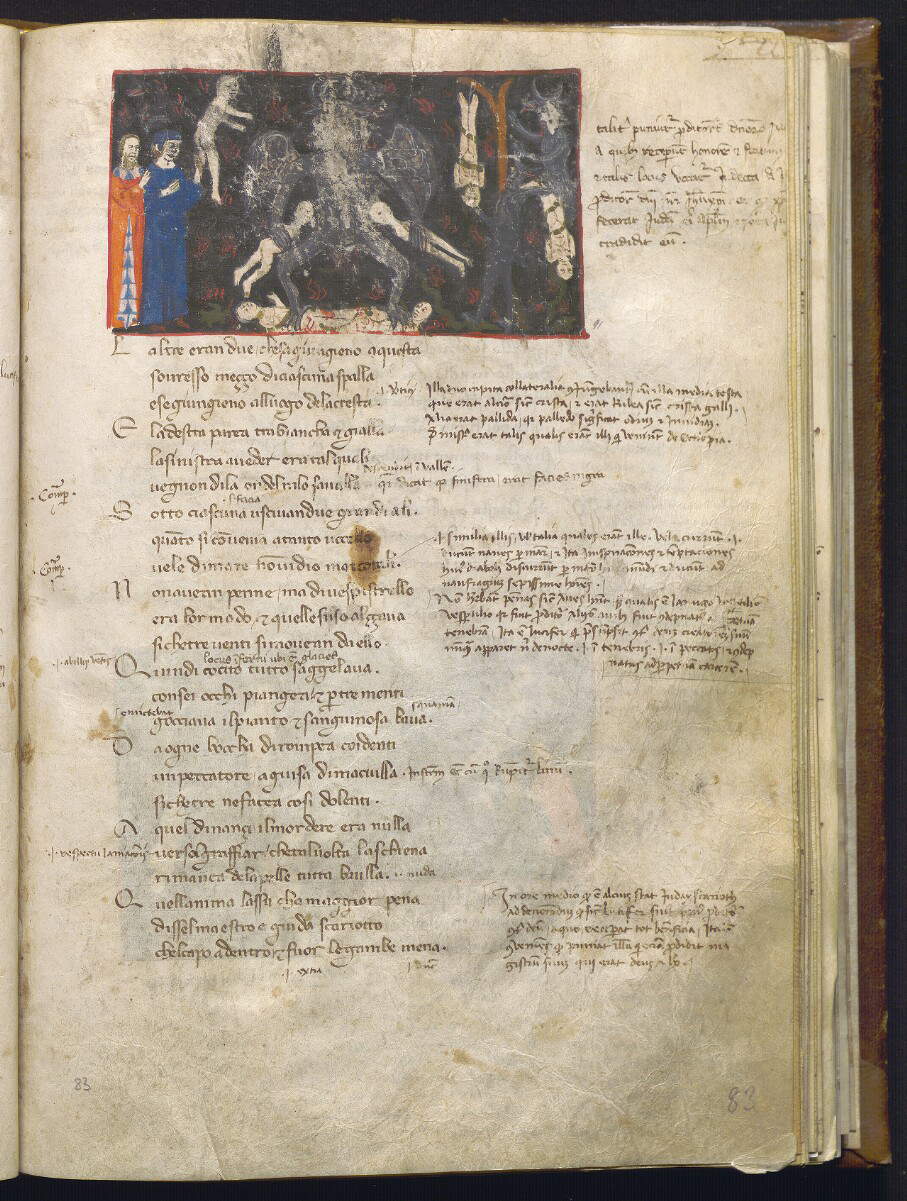 Divina Comedia conocida como Dante Filippino, Lucifer (c. 1355-1360; pergamino, 276 x 191 mm; Nápoles, Biblioteca Statale Oratoriana dei Girolamini, CF 2.16, c. 83r) Divina Comedia conocida como Dante Filippino, Lucifer (c. 1355-1360; pergamino, 276 x 191 mm; Nápoles, Biblioteca Statale Oratoriana dei Girolamini, CF 2.16, c. 83r)