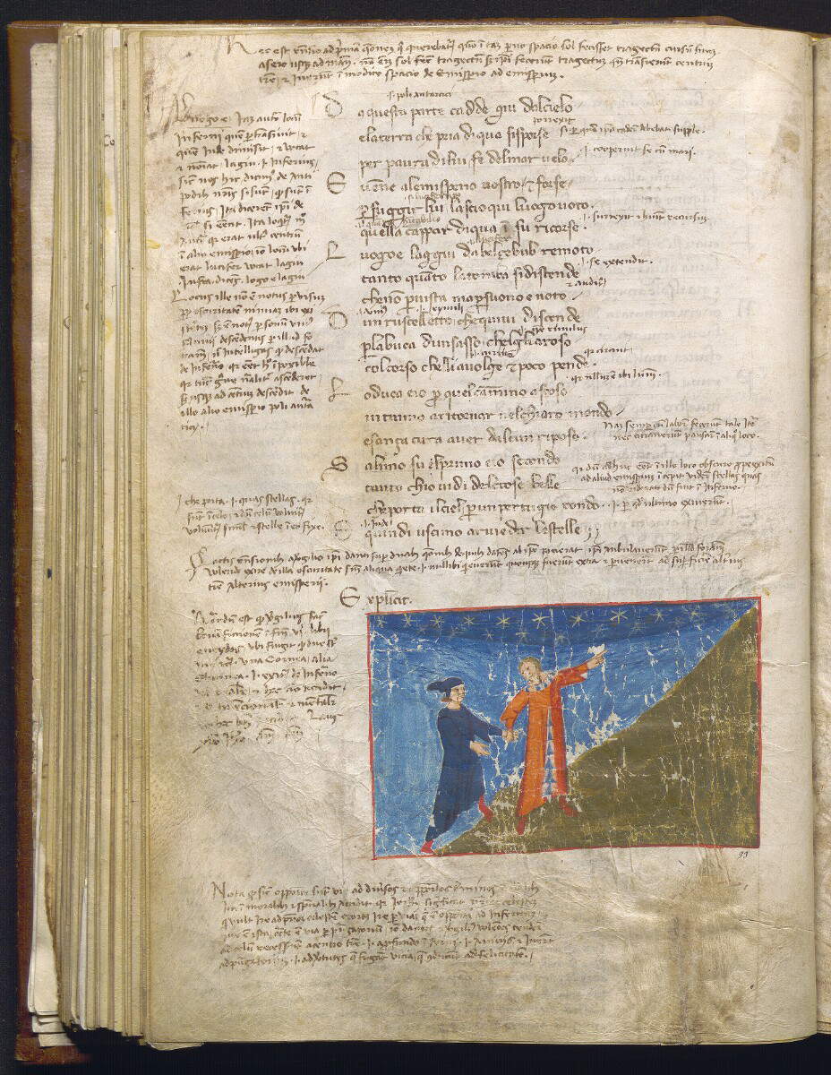 Divina Commedia conocida como Dante Filippino, E quindi uscimmo a riveder le stelle (c. 1355-1360; pergamino, 276 x 191 mm; Nápoles, Biblioteca Statale Oratoriana dei Girolamini, CF 2.16, c. 84v) Divina Commedia conocida como Dante Filippino, E quindi uscimmo a riveder le stelle (c. 1355-1360; pergamino, 276 x 191 mm; Nápoles, Biblioteca Statale Oratoriana dei Girolamini, CF 2.16, c. 84v)