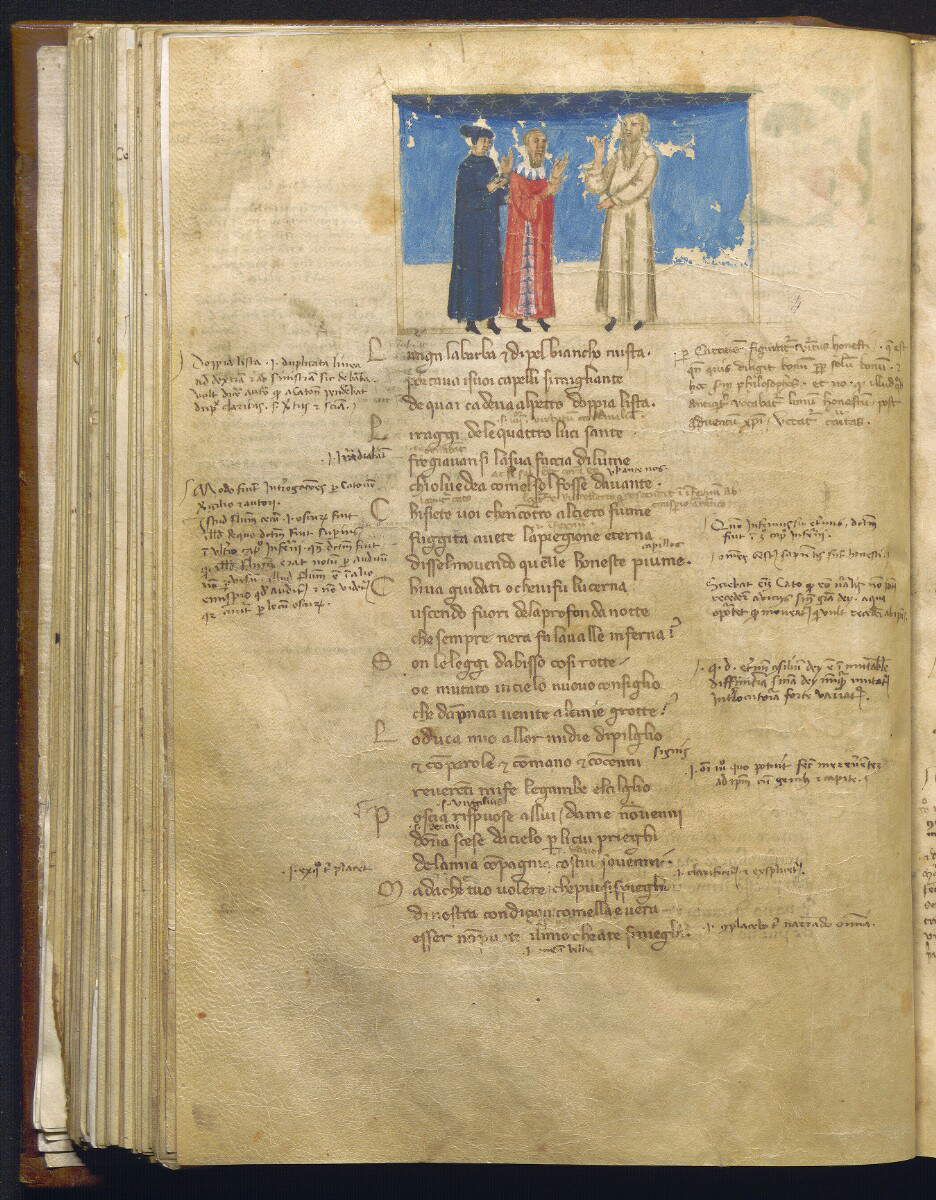 Divina Comedia conocida como Dante Filippino, Catón (c. 1355-1360; pergamino, 276 x 191 mm; Nápoles, Biblioteca Statale Oratoriana dei Girolamini, CF 2.16, c. 87v) Divina Comedia conocida como Dante Filippino, Catón (c. 1355-1360; pergamino, 276 x 191 mm; Nápoles, Biblioteca Statale Oratoriana dei Girolamini, CF 2.16, c. 87v)