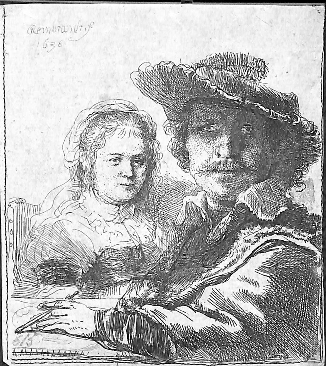Rembrandt, Autoritratto con la moglie Saskia (1636; acquaforte, 105 x 93 mm; Cremona, Biblioteca Statale)