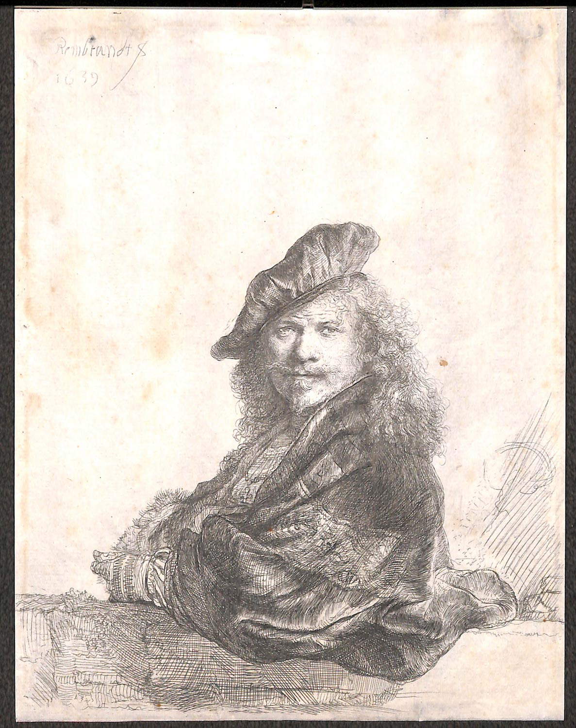 Rembrandt, Autoritratto appoggiato a un parapetto di pietra (1639; acquaforte, 206 x 158 mm; Cremona, Biblioteca Statale)