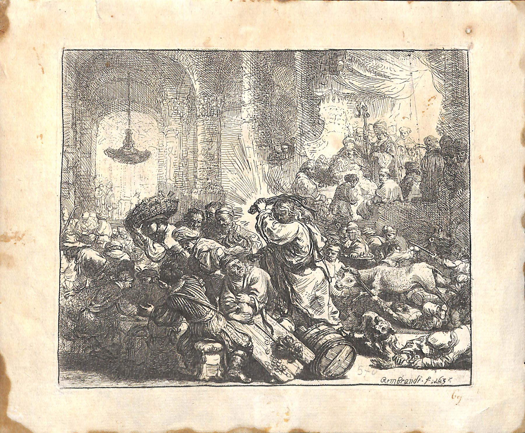Rembrandt, Cristo caccia i mercanti dal tempio (1635; acquaforte, 136 x 165 mm; Cremona, Biblioteca Statale)