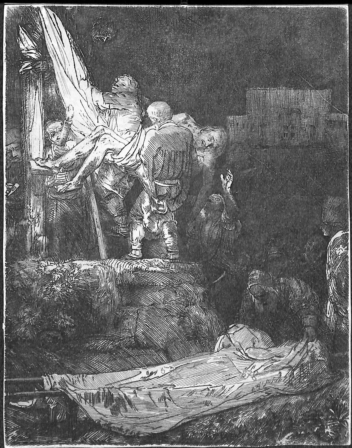 Rembrandt, Deposizione alla luce di una fiaccola (1654; acquaforte e puntasecca, 210 x 161 mm; Cremona, Biblioteca Statale)