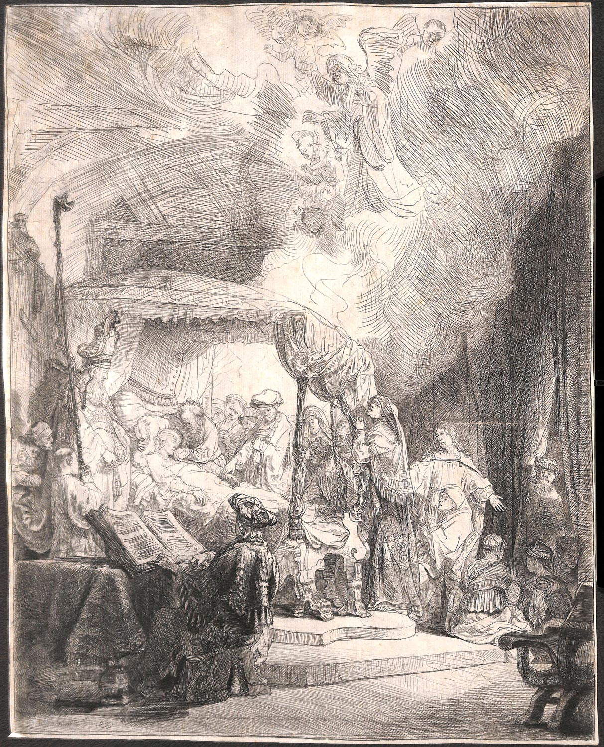 Rembrandt, Morte della Vergine (1639; acquaforte e puntasecca, 390 x 312 mm; Cremona, Biblioteca Statale)