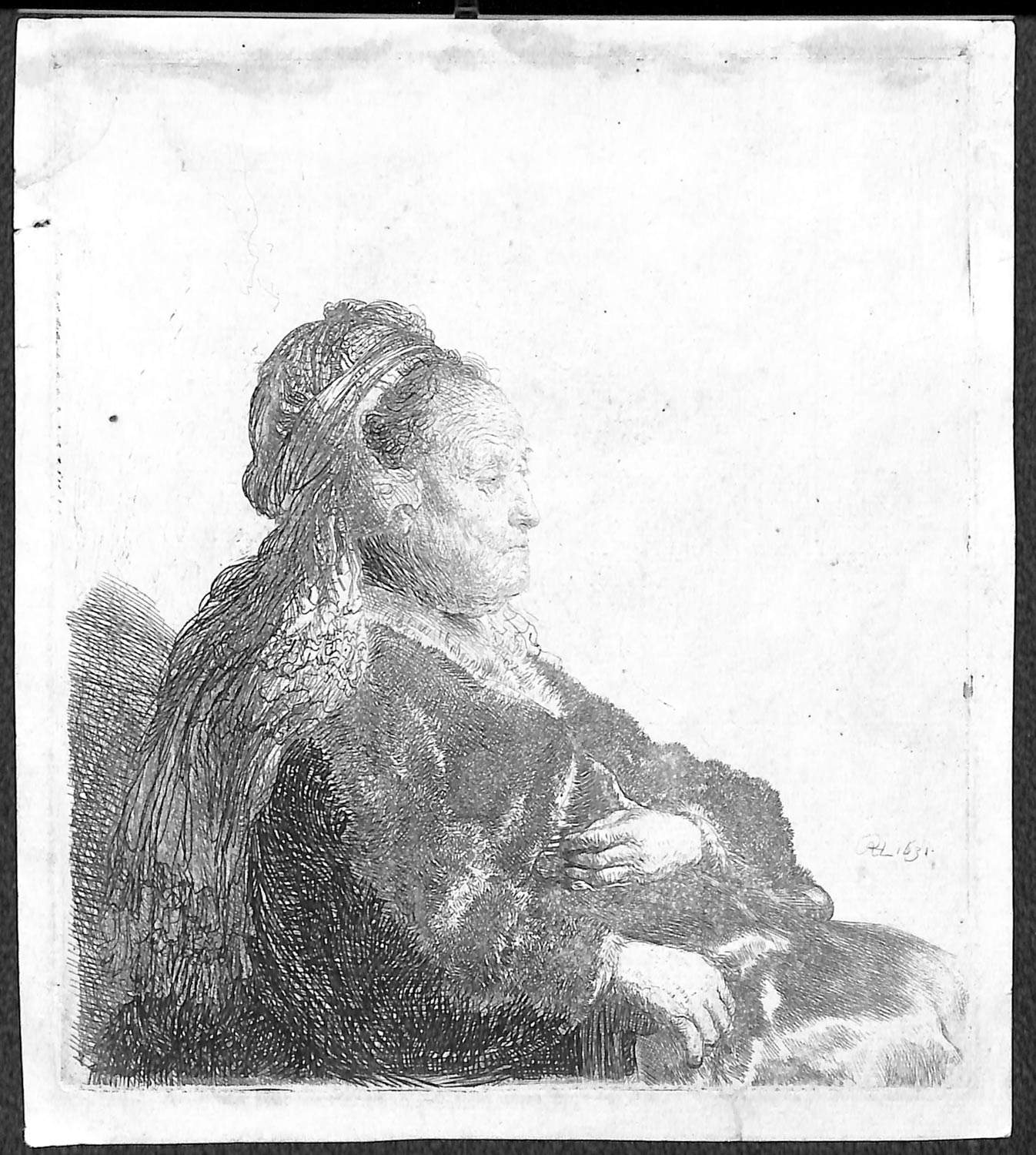 Rembrandt, La madre dell'artista (1631; acquaforte, 147 x 130 mm; Cremona, Biblioteca Statale)