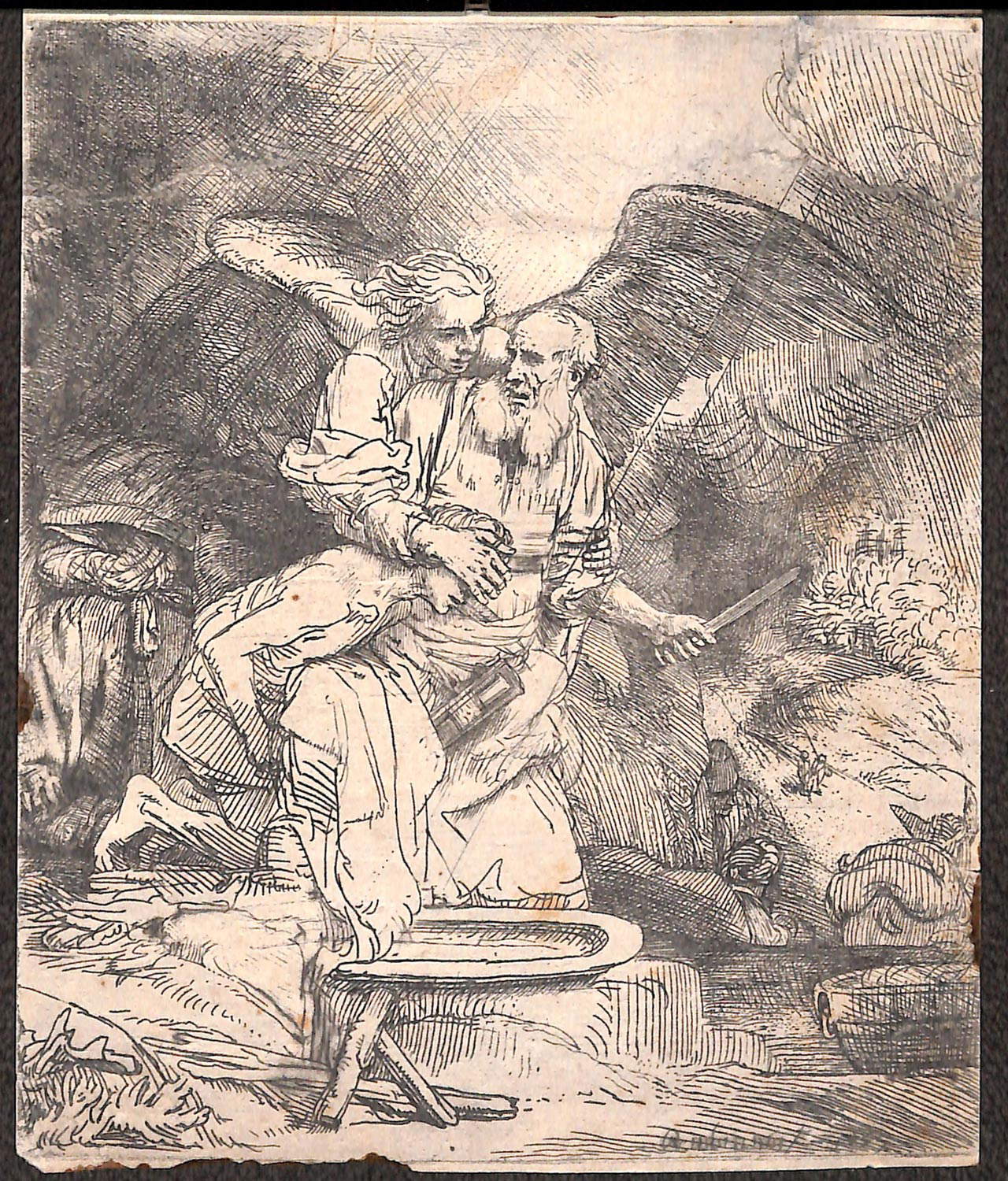 Rembrandt, Sacrificio di Isacco (1653; acquaforte e puntasecca, 156 x 131 mm; Cremona, Biblioteca Statale)