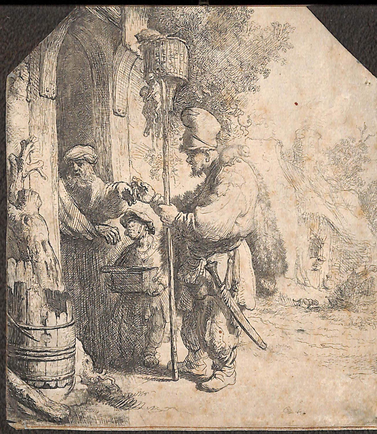 Rembrandt, Venditore di veleno per topi (1632; acquaforte e bulino, 140 x 124 mm; Cremona, Biblioteca Statale)