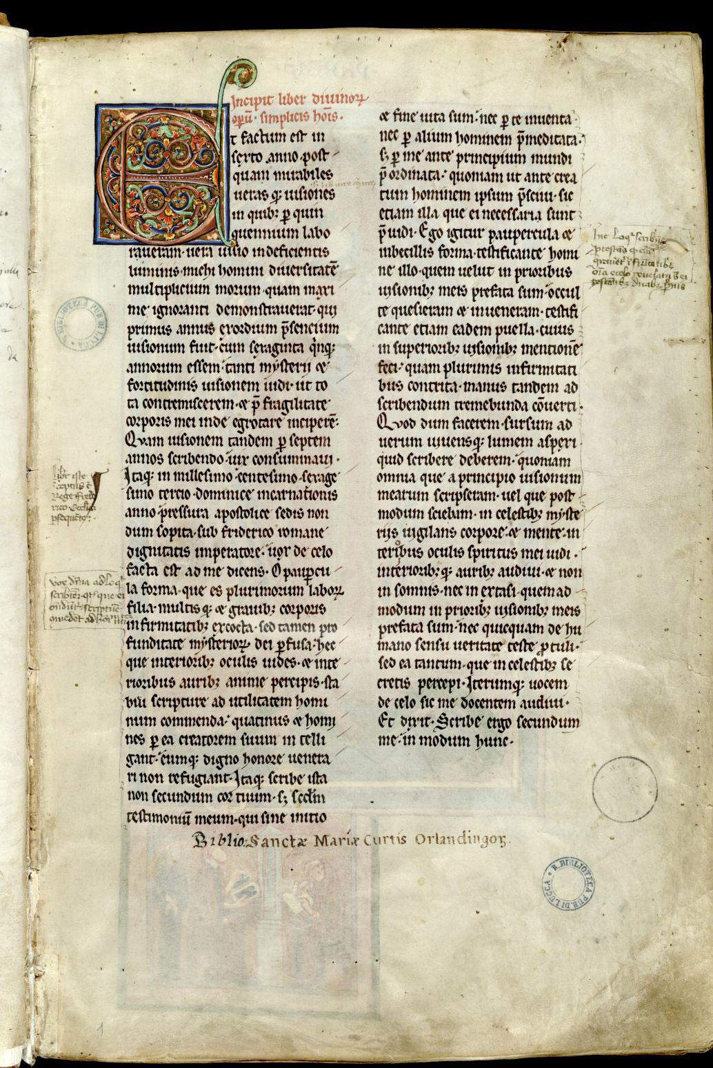 Scriptorium renano, Liber divinorum operum di Ildegarda di Bingen, incipit (secondo-terzo decennio del XIII secolo; pergamena, 390 x 255 mm; Lucca, Biblioteca Statale, ms. 1942, c. 1r) Scriptorium renano, Liber divinorum operum di Ildegarda di Bingen, incipit (secondo-terzo decennio del XIII secolo; pergamena, 390 x 255 mm; Lucca, Biblioteca Statale, ms. 1942, c. 1r)