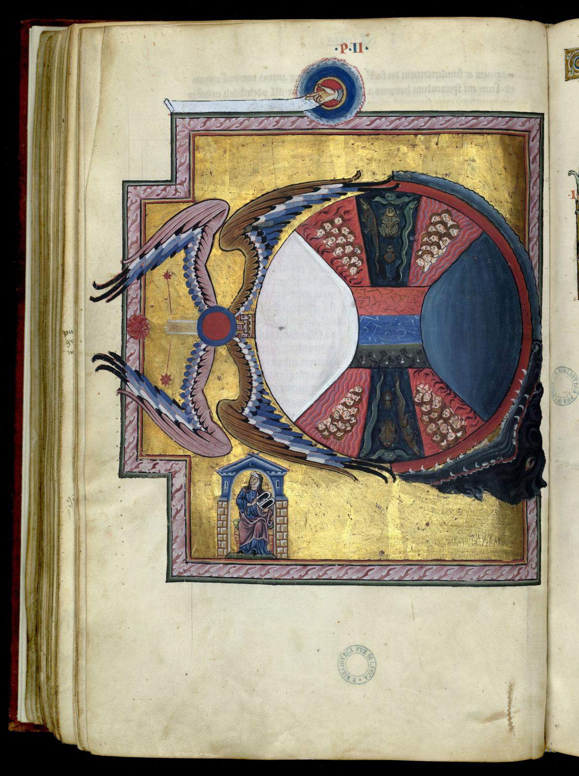 Scriptorium renano, Liber divinorum operum di Ildegarda di Bingen, quinta visione (secondo-terzo decennio del XIII secolo; pergamena, 390 x 255 mm; Lucca, Biblioteca Statale, ms. 1942, c. 88v) Scriptorium renano, Liber divinorum operum di Ildegarda di Bingen, quinta visione (secondo-terzo decennio del XIII secolo; pergamena, 390 x 255 mm; Lucca, Biblioteca Statale, ms. 1942, c. 88v)