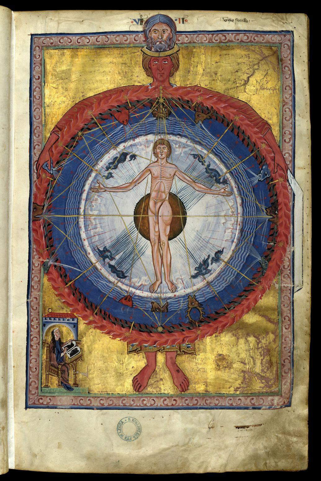 Scriptorium renano, Liber divinorum operum di Ildegarda di Bingen, seconda visione (secondo-terzo decennio del XIII secolo; pergamena, 390 x 255 mm; Lucca, Biblioteca Statale, ms. 1942, c. 9r) Scriptorium renano, Liber divinorum operum di Ildegarda di Bingen, seconda visione (secondo-terzo decennio del XIII secolo; pergamena, 390 x 255 mm; Lucca, Biblioteca Statale, ms. 1942, c. 9r)