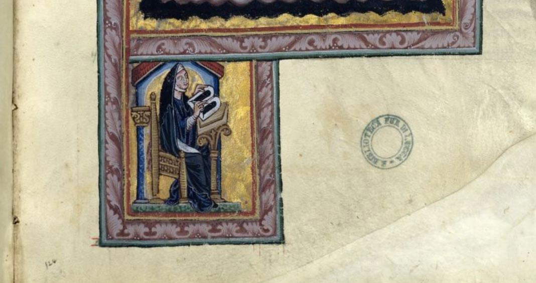 Scriptorium renano, Liber divinorum operum di Ildegarda di Bingen, raffigurazione di Ildegarda di Bingen (secondo-terzo decennio del XIII secolo; pergamena, 390 x 255 mm; Lucca, Biblioteca Statale, ms. 1942, c. 132r) Scriptorium renano, Liber divinorum operum di Ildegarda di Bingen, raffigurazione di Ildegarda di Bingen (secondo-terzo decennio del XIII secolo; pergamena, 390 x 255 mm; Lucca, Biblioteca Statale, ms. 1942, c. 132r)