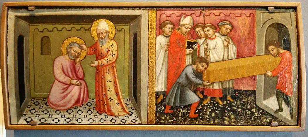 Giovanni di Pietro da Pisa, Gamaliele rivela a Luciano il luogo della sepoltura di santo Stefano e il vescovo Giovanni fa trasferire le spoglie di Stefano a Gerusalemme (1415-1420; tempera su tavola, 58 x 24 cm) Giovanni di Pietro da Pisa, Gamaliele rivela a Luciano il luogo della sepoltura di santo Stefano e il vescovo Giovanni fa trasferire le spoglie di Stefano a Gerusalemme (1415-1420; tempera su tavola, 58 x 24 cm)