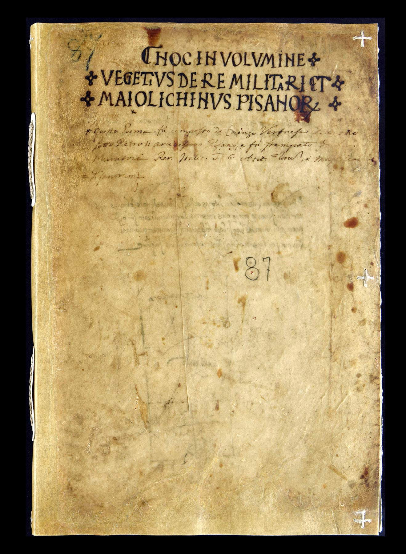 Anonimo, Liber maiolichinus de gestis Pisani populi, coperta (1117-1125; pergamena, 330 x 220 mm; Pisa, Biblioteca Universitaria, Ms. 723)